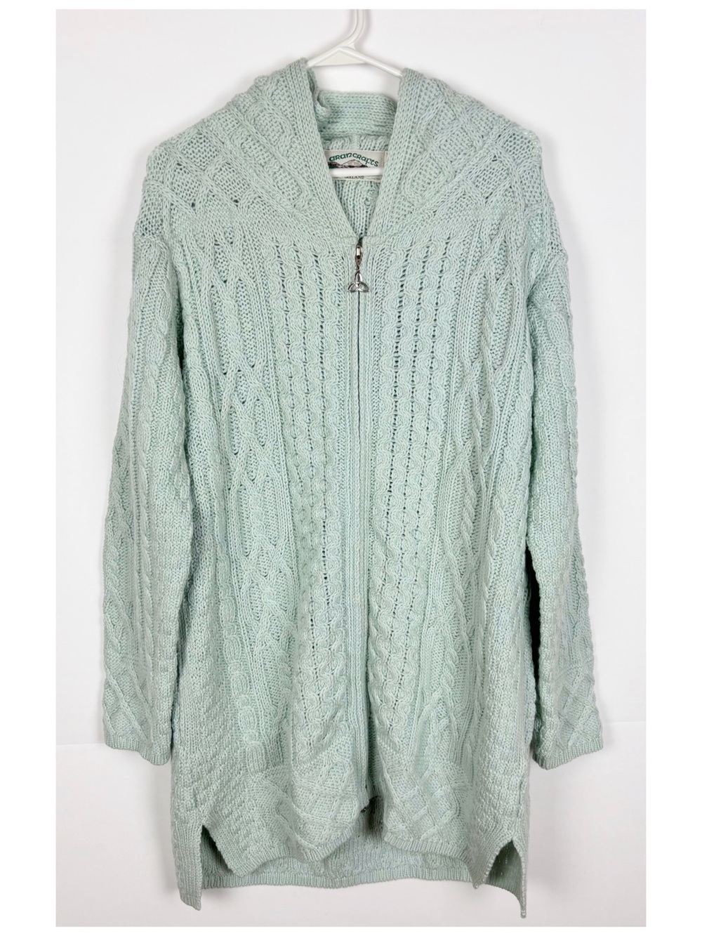 Aran Crafts Cable Knit Cardigan Sweater Merino Wool Zip Up Hooded Size Medium